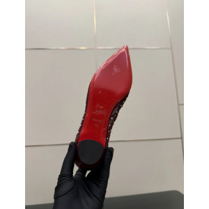Christian Louboutin Burgundy Mesh Crystal‑Embellished Pointed‑Toe Flat Pumps