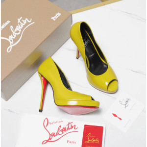 Christian Louboutin Lady Z 120 Yellow Patent Peep‑Toe Platform Stiletto Heel Pumps