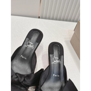 Christian Louboutin Black Satin Bow 55mm Pointed‑Toe Mule Heels