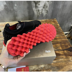 Christian Louboutin Black Leather Red‑Trim Spiked Slip‑On Sneakers