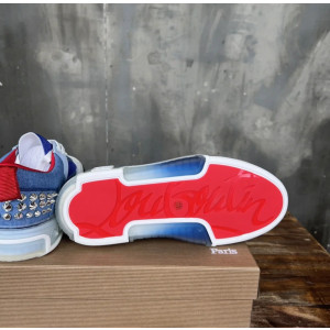 Christian Louboutin White‑Blue Denim Spiked Platform Low‑Top Sneakers