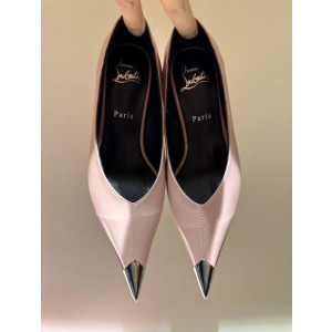 Christian Louboutin Pink Patent 55mm Metal‑Tip Pointed Toe Kitten Heel Pumps