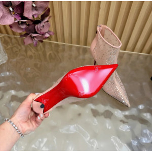 Christian Louboutin Nude Mesh 100mm Crystal‑Embellished Pointed Toe Stiletto Heel Ankle Boots