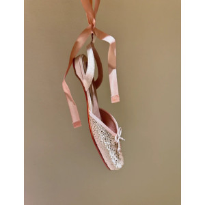 Christian Louboutin Rose Gold Satin Crystal Ankle‑Tie Ballet Flats