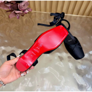 Christian Louboutin Black Satin Bow Ankle‑Tie Slingback Ballet Flats