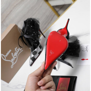 Christian Louboutin Black Satin Checkerboard Crystal Tulle Ruffle 100mm Stiletto Heel Pumps