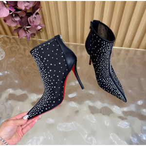 Christian Louboutin Black Mesh 100mm Crystal‑Embellished Pointed Toe Stiletto Heel Ankle Boots