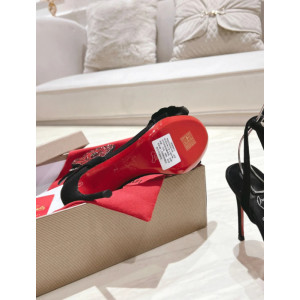 Christian Louboutin Black Satin 120mm Crystal Flower Stiletto Slingback Sandals