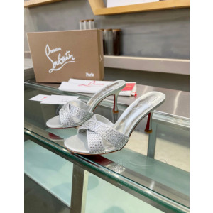Christian Louboutin Silver Crystal Crisscross Mule Slide Sandal 100mm heel