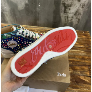 Christian Louboutin Multicolor Spike Jungle‑Print Suede High‑Top Sneakers