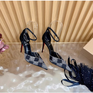 Christian Louboutin Black Satin Checkered Crystal‑Embellished 100mm Stiletto Heel Ankle‑Strap Pumps