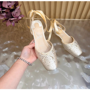 Christian Louboutin Cream Satin Crystal‑Embellished Ankle‑Tie Slingback Ballet Flats
