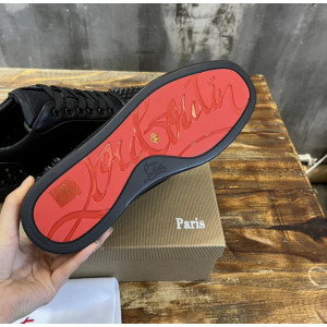 Christian Louboutin Black Mesh Leather Black‑Spiked Low‑Top Sneakers