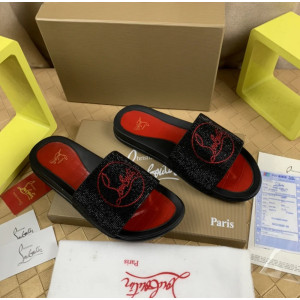 Christian Louboutin Black Crystal Slide Sandals Red Rhinestone Circular Logo