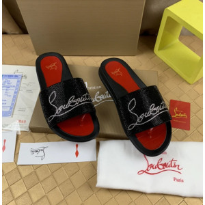 Christian Louboutin Black Crystal Logo Embellished Flat Slide Sandals