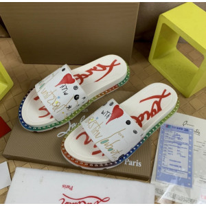 Christian Louboutin White Heart‑Graffiti Print Slides Rainbow Crystal‑Trimmed Sole