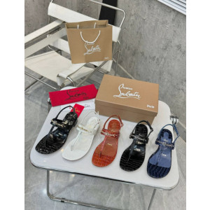 Christian Louboutin Navy Croc‑Embossed 45mm Block Heel Thong Sandals
