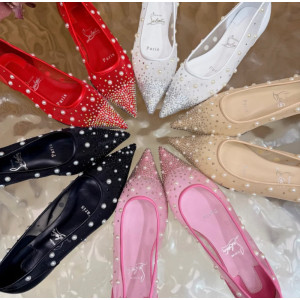 Christian Louboutin Black Mesh Pearl Crystal‑Embellished Pointed‑Toe Flat Pumps