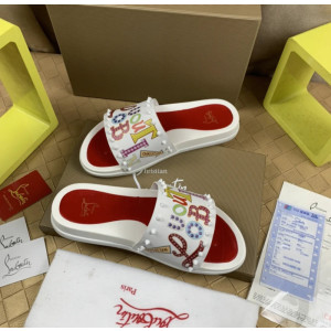 Christian Louboutin White Cartoon‑Graffiti Spiked Slide Sandals Red Footbed