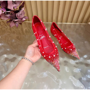 Christian Louboutin Red Mesh Pearl Crystal‑Embellished Pointed‑Toe Flat Pumps