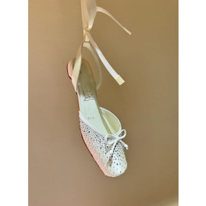 Christian Louboutin Silver Satin Crystal Tie‑Ankle Ballet Flats
