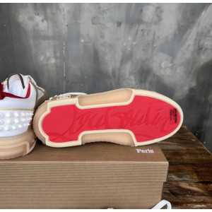 Christian Louboutin Beige White Mixed‑Media Spiked Low‑Top Sneakers