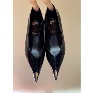 Christian Louboutin Black Patent Metal‑Tip Pointed Toe Kitten Heel Pumps