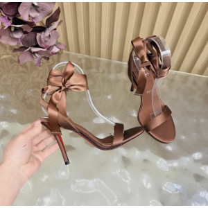 Christian Louboutin Brown Satin 100mm Ankle‑Wrap Tie Stiletto Sandals