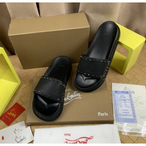 Christian Louboutin Black Grain‑Leather Spiked Flat Slide Sandals