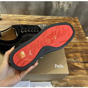 Christian Louboutin Black Suede Gunmetal Crystal‑Covered Low‑Top Men’s Sneakers