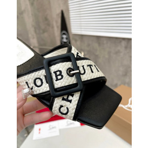Christian Louboutin Black‑White Woven Flat Slide Sandals