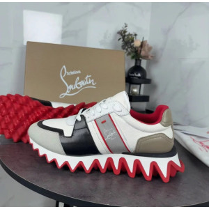 Christian Louboutin White‑Black‑Beige Color‑Block Lace‑Up Sneakers Red Shark‑Tooth Sole