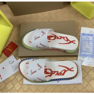 Christian Louboutin White Logo‑Print Slides Rainbow Crystal‑Trimmed Sole