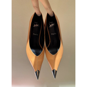 Christian Louboutin Orange Patent 55mm Metal‑Tip Pointed Toe Kitten Heel Pumps