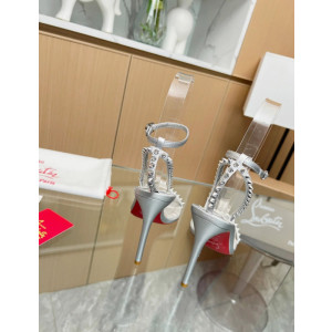 Christian Louboutin Silver Metallic Spiked Ankle‑Strap Sandal 100mm heel