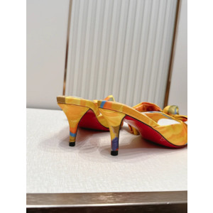 Christian Louboutin Yellow Floral Satin 70mm Bow Heel Mule Sandals