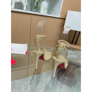 Christian Louboutin Beige Leather Gold‑Spiked Ankle‑Strap Sandal 100mm heel