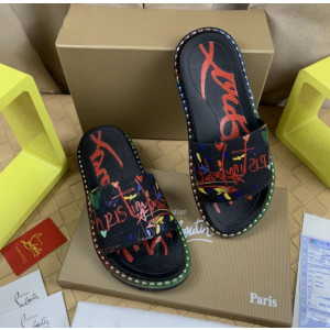 Christian Louboutin Black Graffiti‑Print Slides Rainbow Crystal‑Trimmed Sole
