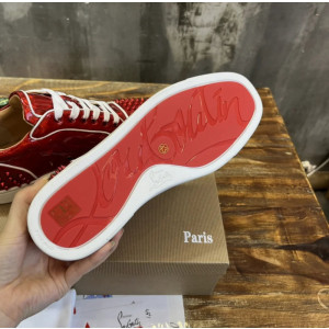 Christian Louboutin Red Metallic Patent Spike‑Toe Low‑Top Sneakers