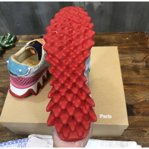 Christian Louboutin Multi‑Color Glitter‑Suede Mesh Lace‑Up Sneakers Red Shark‑Tooth Sole
