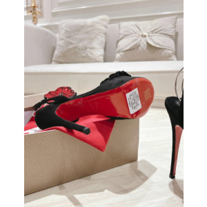 Christian Louboutin Black Satin Crystal Flower 150mm Platform Stiletto Heel Sandals