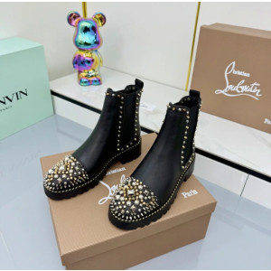 Christian Louboutin Black Leather Mixed‑Metal Studded Chelsea Ankle Boots Block Heel