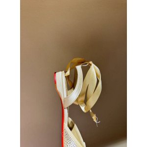 Christian Louboutin Gold Satin Crystal Tie‑Ankle Ballet Flats