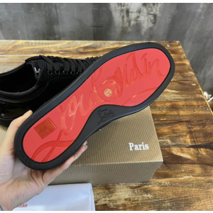 Christian Louboutin Black Mesh Suede Patent Black‑Spiked Low‑Top Sneakers