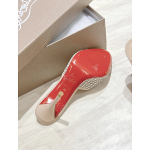 Christian Louboutin Beige Mesh Crystal‑Embellished 85mm Peep‑Toe Stiletto Heel Mules