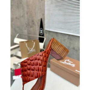 Christian Louboutin Cognac Croc‑Embossed 70mm Block Heel Thong Mule Sandals