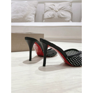 Christian Louboutin Black Mesh 85mm Crystal‑Embellished Peep‑Toe Slide Stiletto Heel Mules