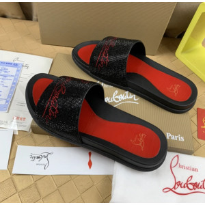 Christian Louboutin Black Crystal Slide Sandals With Red Signature Logo