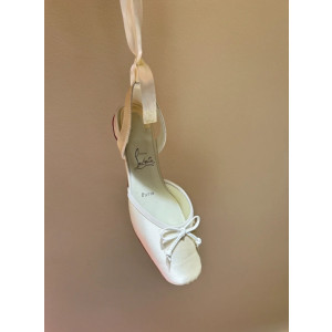 Christian Louboutin Ivory Satin Bow Tie‑Ankle Flat Ballet Sandals