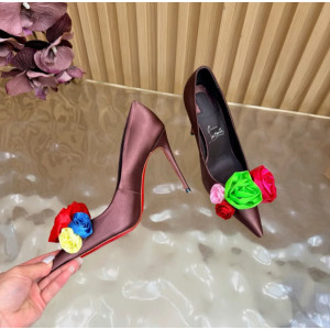 Christian Louboutin Burgundy Satin Multicolor Fabric Flower 100mm Stiletto Heel Pumps